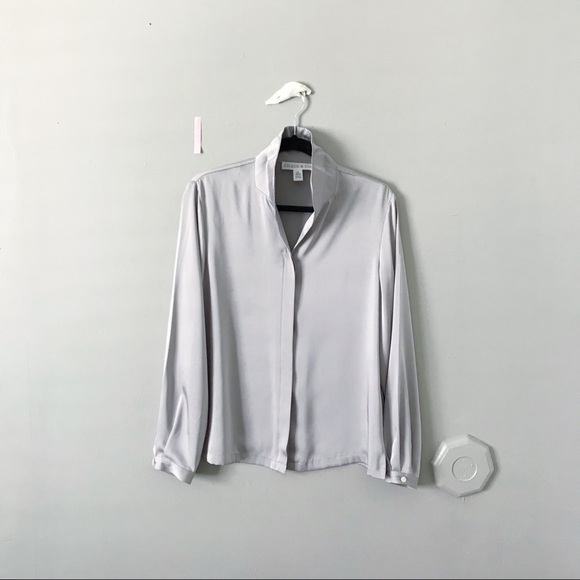 Vintage Top Button Long Sleeve Blouse Grey - Picture 3 of 5